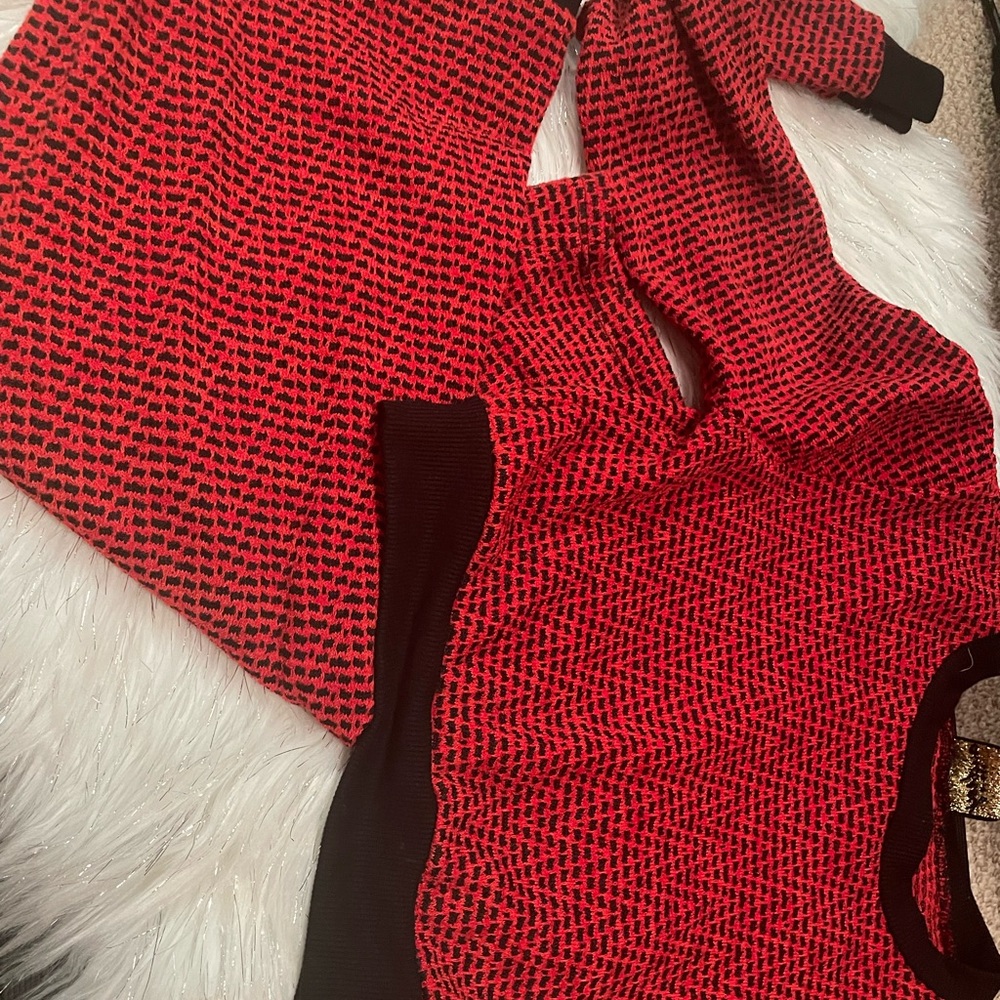 Red and Black Patterned Sweater and Skirt Set